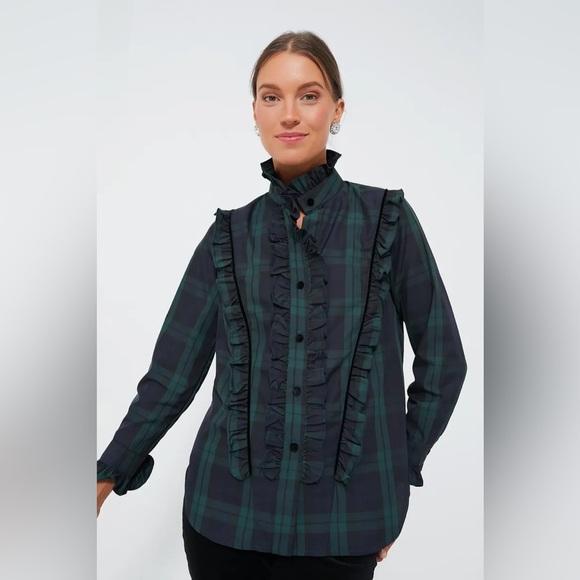 Tuckernuck Reagan Shirt XL Blackwatch Plaid Ruffle Button Down NWT